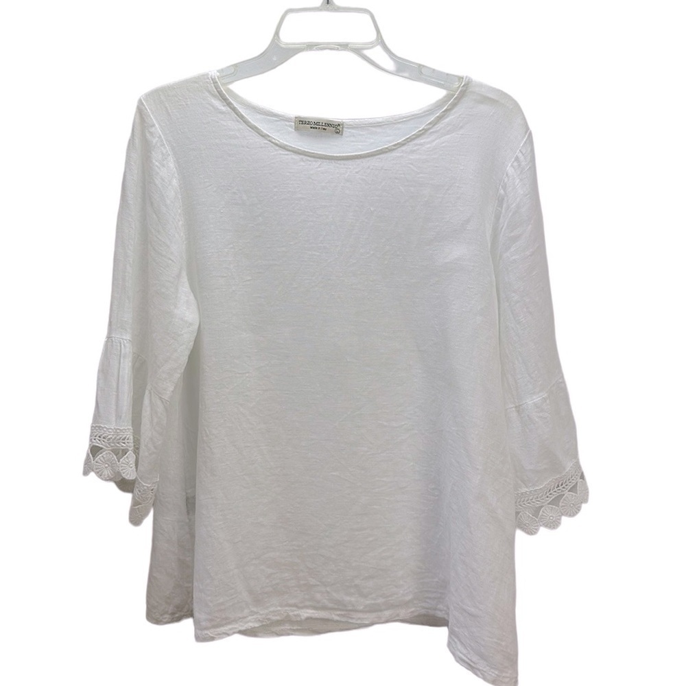 Terzo Millennio White 100% Linen 3/4 Bell Sleeves Crochet Lace Trim Top …